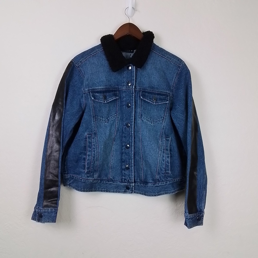 Soncy Women's Denim Jacket 2X Blue Sherpa Collar Faux Leather Sleeves Button-Up